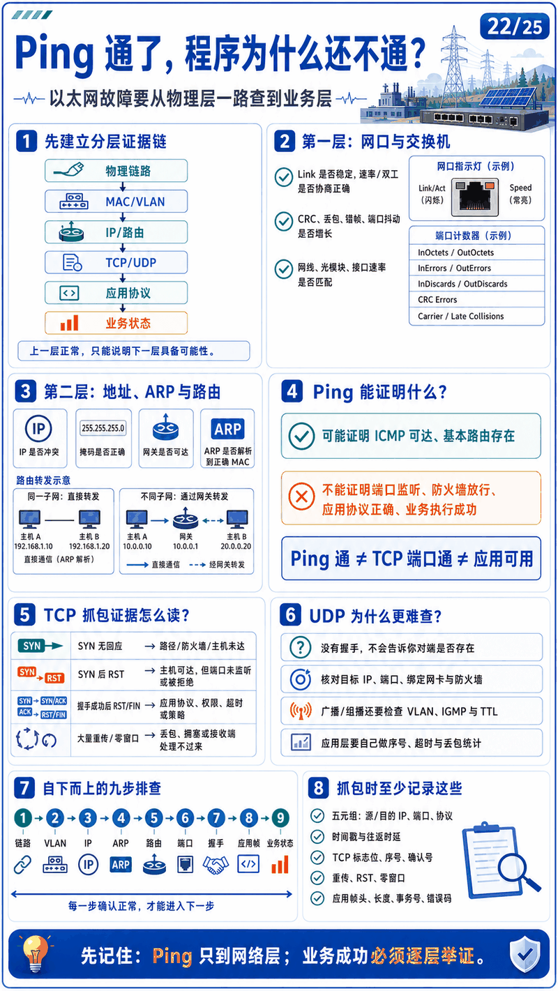 以太网排障八步图：从电缆网口、VLAN 子网到抓包会话与业务回应