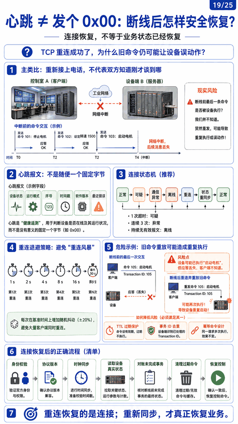 断线重连示意图：心跳判在线、退避加抖动、重连后按顺序重新同步状态