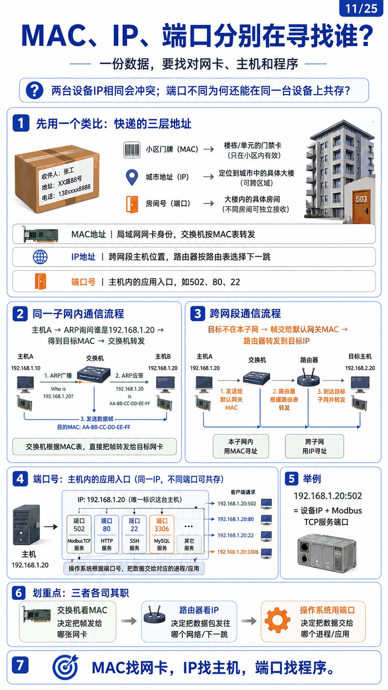 MAC、IP、端口类比图：MAC 找网卡、IP 找主机、端口找程序