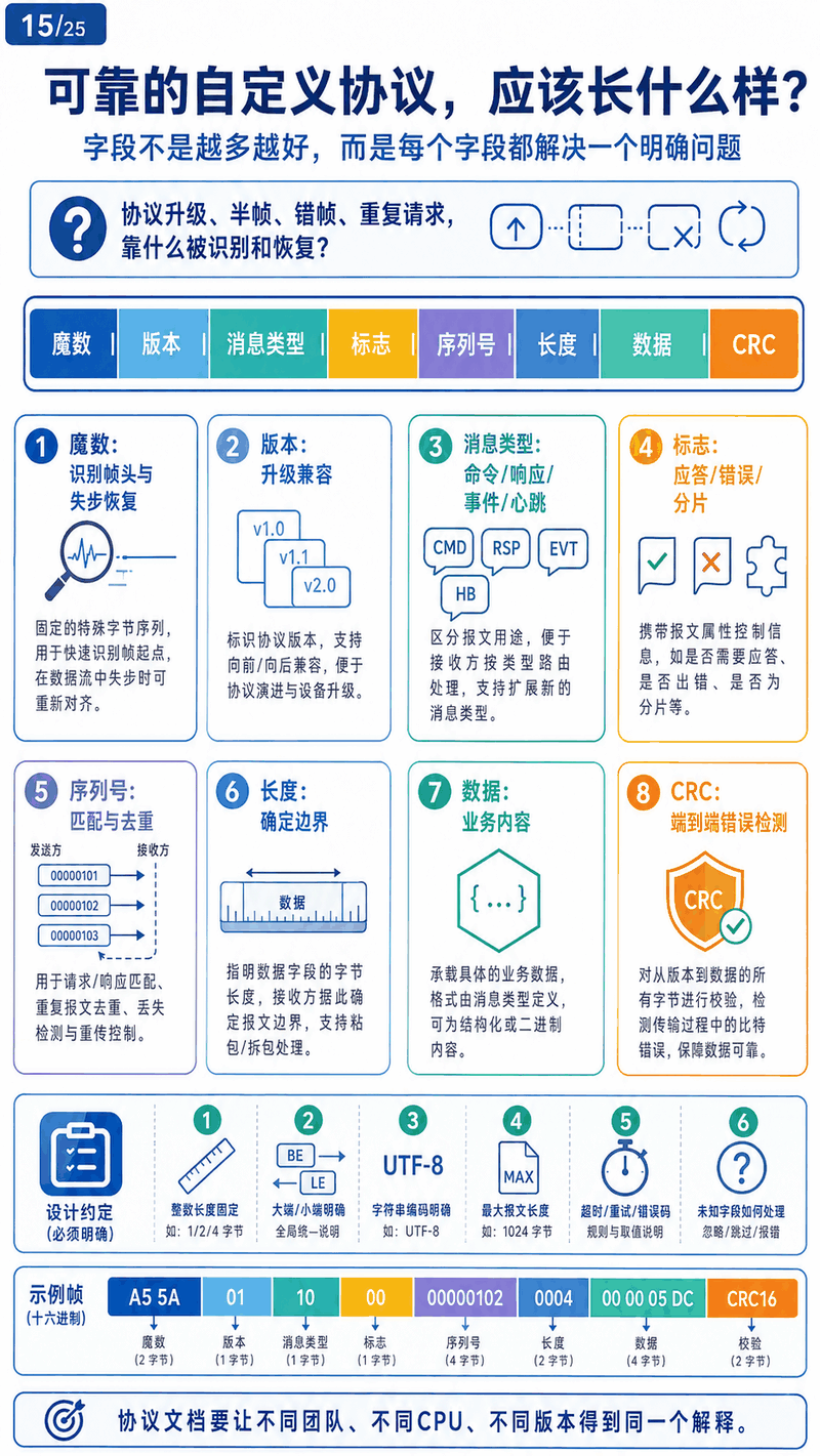 自定义通信协议八要素图：魔数、版本、消息类型、标志、序列号、长度、业务内容、CRC