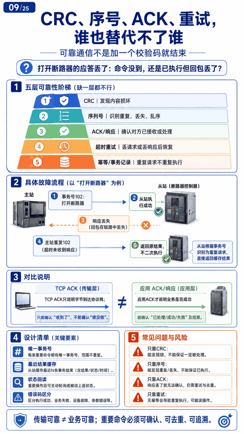 可靠性五层阶梯图：CRC 查损坏、序号查重复、ACK 确认、超时重试、幂等去重
