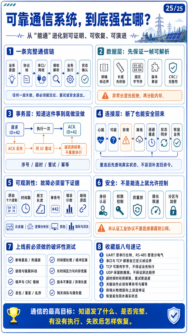 可靠通信系统七要件图：完整链路、数据层可解析、事务层知做没做、连接层可恢复、可观测性、安全与破坏性测试
