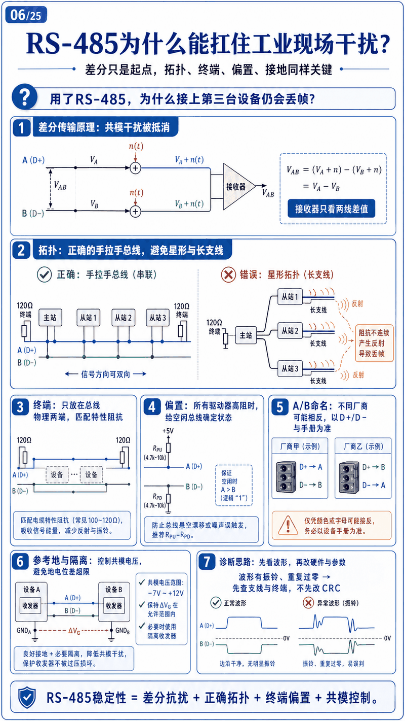 RS-485 抗干扰示意图：差分传输、手拉手拓扑、两端终端电阻、总线偏置、接地与隔离