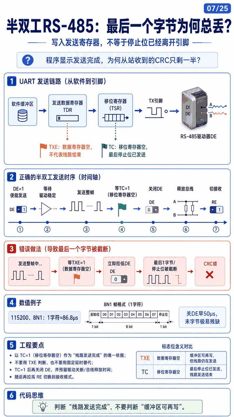 半双工 RS-485 发送时序图：TXE 只代表数据寄存器空，TC 才代表最后停止位已发完