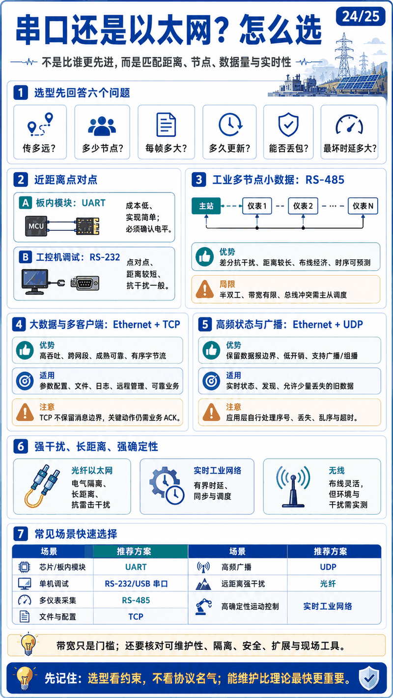 串口与以太网选型图：按距离、节点数、帧大小、更新周期、确认方式与最坏时延选择