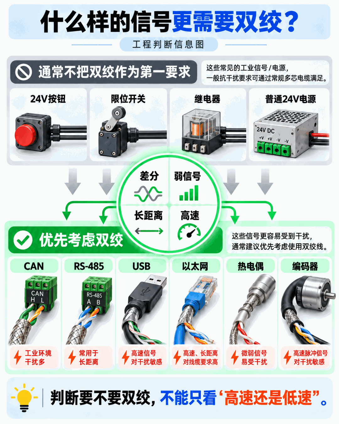 信号是否需要双绞的判断示意图:差分、弱信号、长距离、高速四个方向
