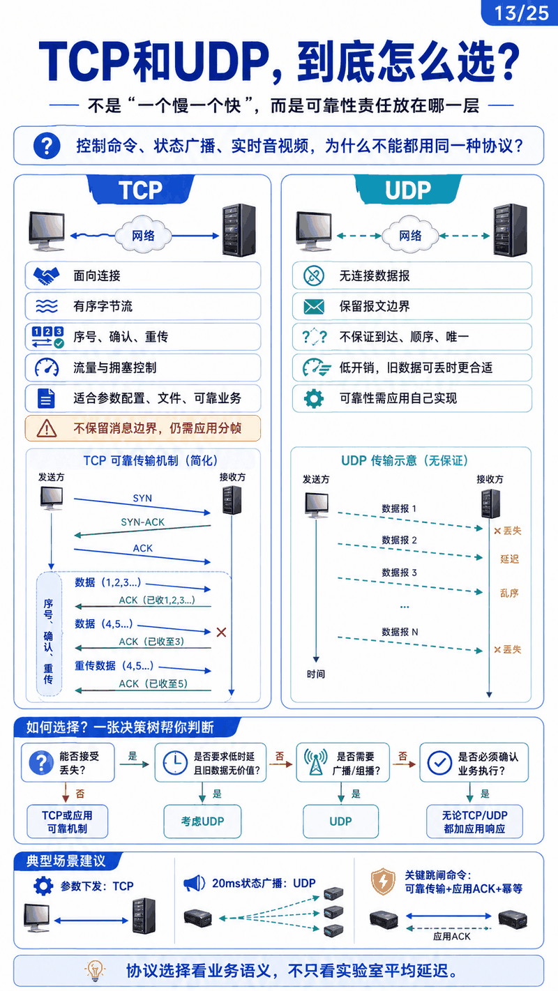 TCP 与 UDP 对比图：面向连接与无连接，可靠性与低延时的取舍