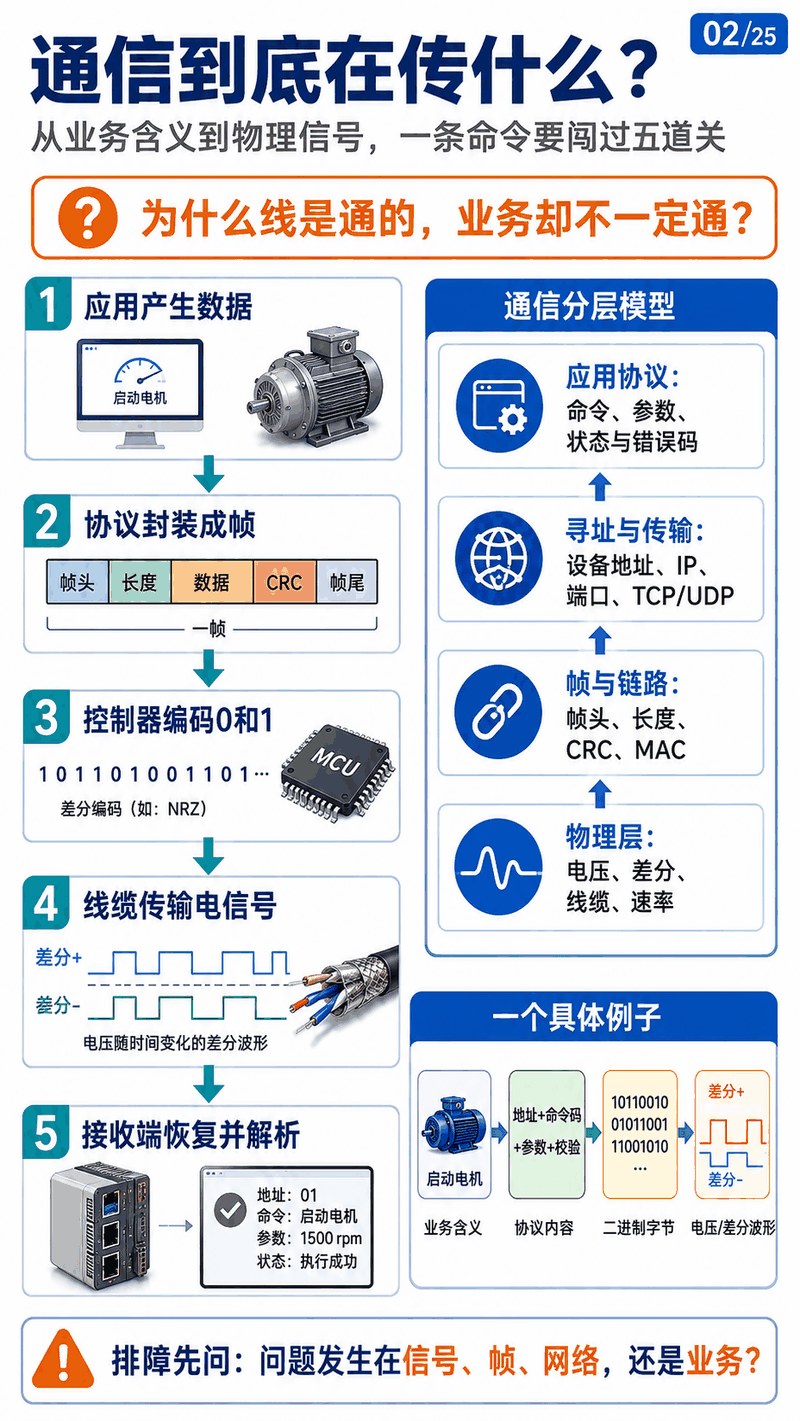 通信分层示意图：应用产生数据、协议封装成帧、控制器编码、线缆传电信号、接收端解析