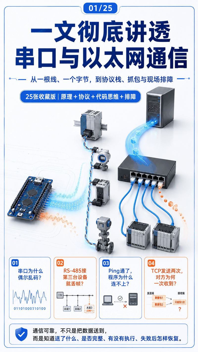 串口与以太网通信排障图集封面：从一根线、一个字节到协议栈与现场排障