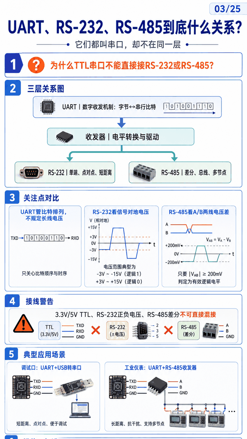 UART、RS-232、RS-485 三层关系图：UART 管字符与比特，收发器管电平，RS-485 管差分总线