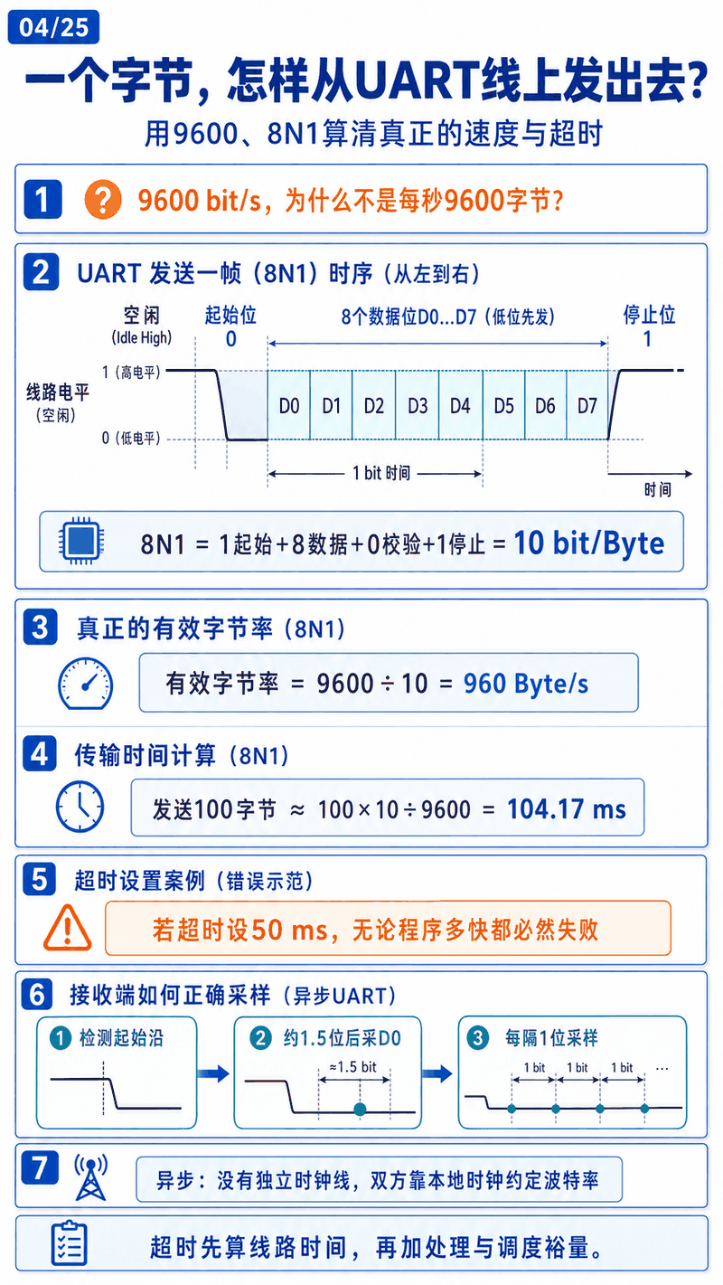 UART 8N1 帧时序图：1 起始位、8 数据位、无校验、1 停止位共 10 位，9600 波特率下约 960 字节每秒