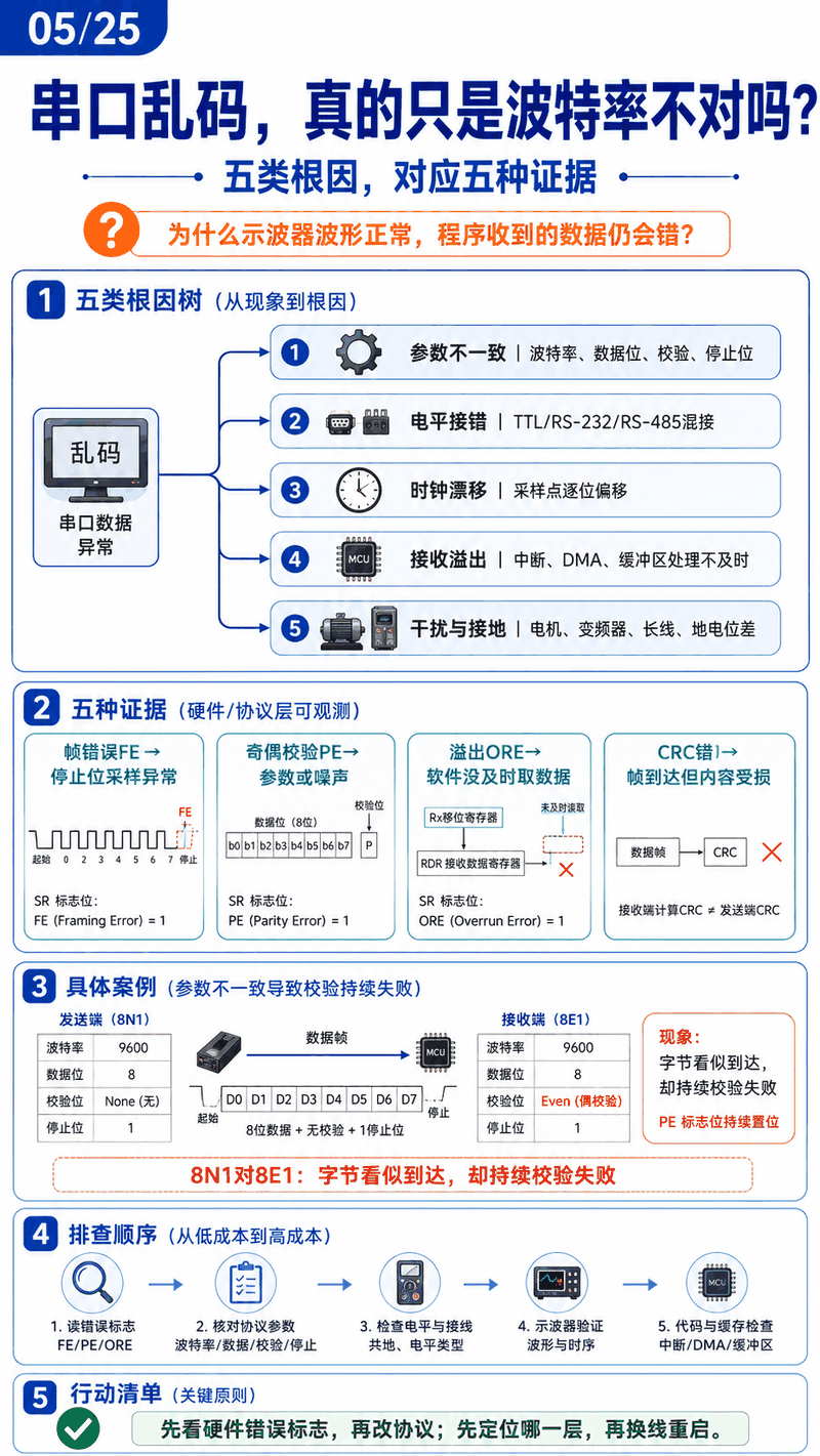 串口乱码五类根因图：参数不一致、电平接错、时钟漂移、接收溢出、干扰与接地