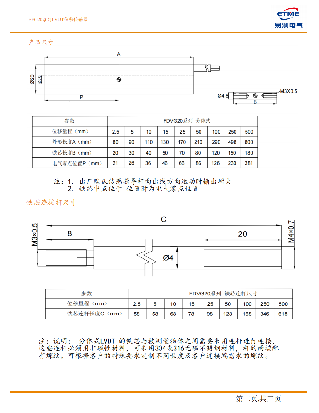 FEG20 LVDT 位移传感器 安装尺寸图